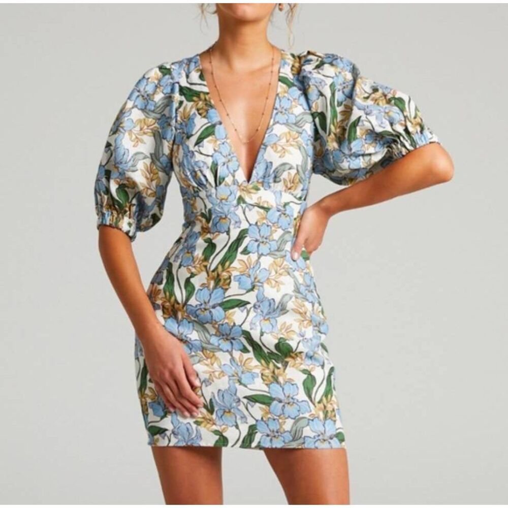 Showpo White Floral Mini Dress with Blue & Green Print